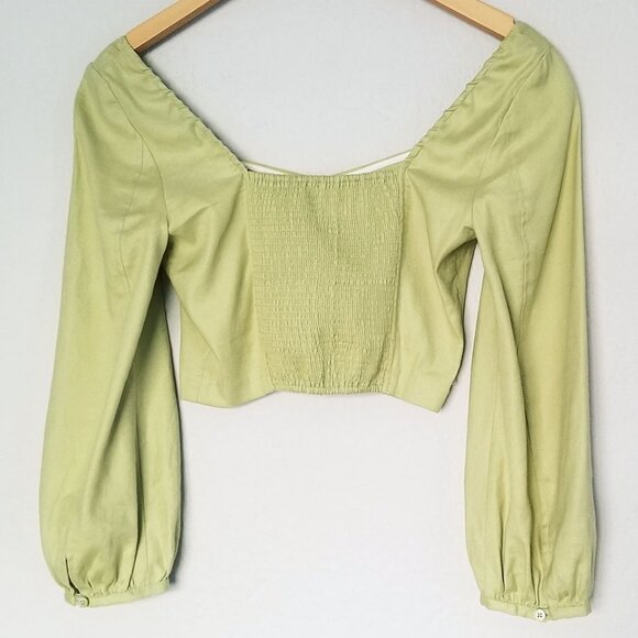 Babaton Aritzia Hadwyn Sweetheart Cropped Smocked Blouse Top Pistachio Green XS - Picture 3 of 14